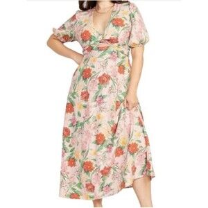 Old Navy Pink Floral V-Neck Linen Blend Maxi Dress XXL Fit & Flare Twist Front